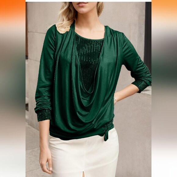Elegant Green Women's Drape Top - Picture 2 of 12
